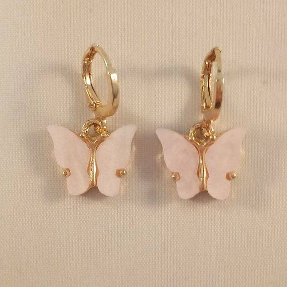 Gold Plated Pink Opal Resin Butterfly Earrings Pendant Necklace Set 18" Gift - Picture 2 of 5